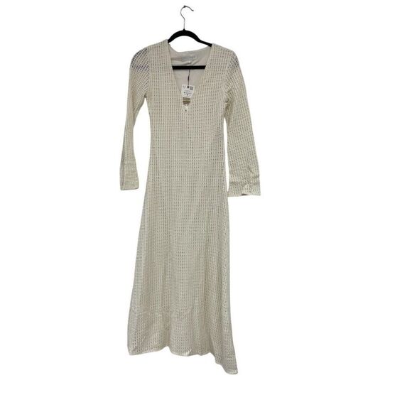 Zara Womens Midi Dress White M Long Sleeve Crochet Gold Applique 0387/054 NWT - Picture 2 of 16